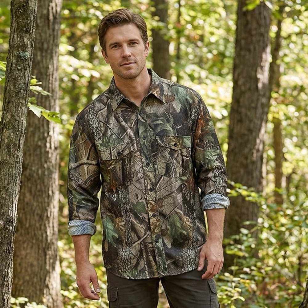 REDHEAD Men's Camo Mesh Lightweight Button Down 2 Pockets Shirt  Size Large